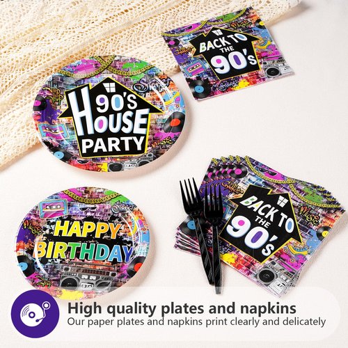 96 Pcs 90's House Party Supplies Disposable 90s Party Paper Plates and Napkins Retro Graffiti Wall Back To The 90' Tableware Set for Men Women 90s Birthday Hip Hop Party Decorations Serves 24