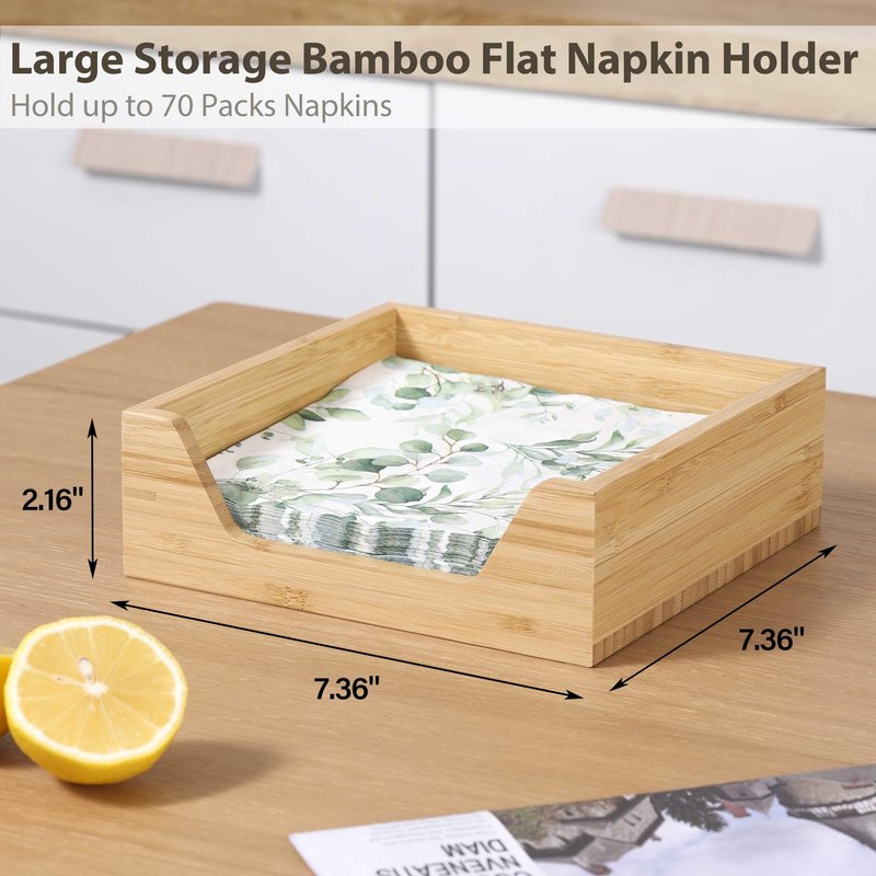 Bamboo Napkin Holder, 7.36" x 7.36" x 2.16" Napkin Holder for Table with Large Side Opening for Easy Access, Large Storage Square Napkin Dispenser, Home Kitchen Dining Tabletop Decor