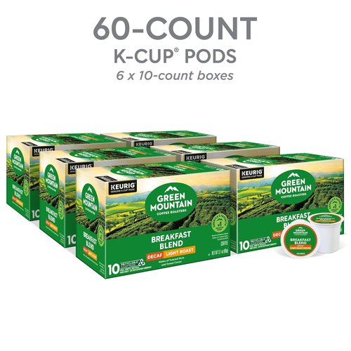Green Mountain Coffee Roasters Breakfast Blend Decaf - Light Roast K-Cup Pods, 60 Count (6 Packs of 10)