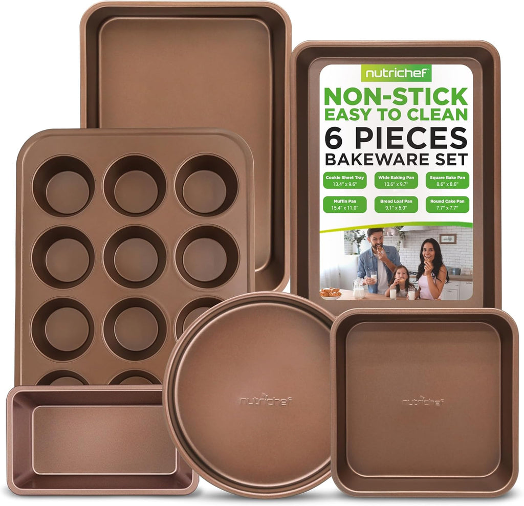 NutriChef 6-Piece Nonstick Bakeware Set - Carbon Steel Baking Pans, Cookie Sheets & More | Gold Finish