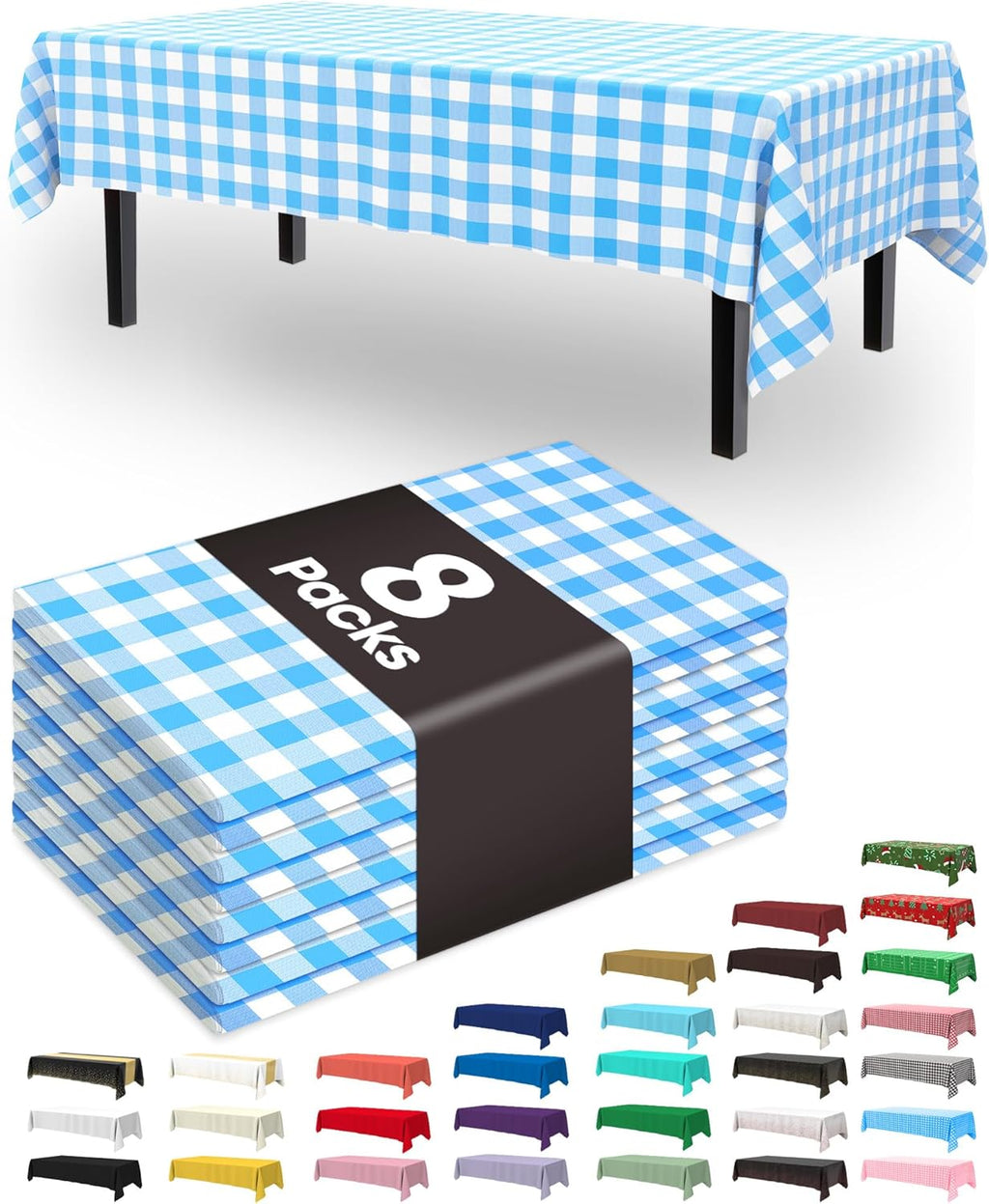 Pureegg Disposable Table Cloths - 8 Pack of 54 x 108 Inch Blue Gingham Rectangle Covers | Leakproof & Sturdy