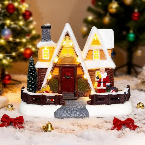 LED Lighted Village House - 6.9 Inch Triangular Christmas Decoration with Santa Claus Statue | Holiday Home Decor
