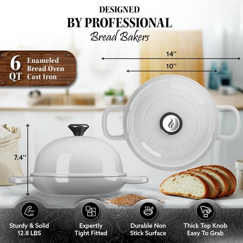Enameled Cast Iron Bread Pan With Lid 9 Piece Complete Bread Baking Set | Dutch Oven for Bread Baking | 10 Inch Bread Oven with Lid | Thick Enamel | Silicone Baking Mat | Banneton | 6 Quart (white)