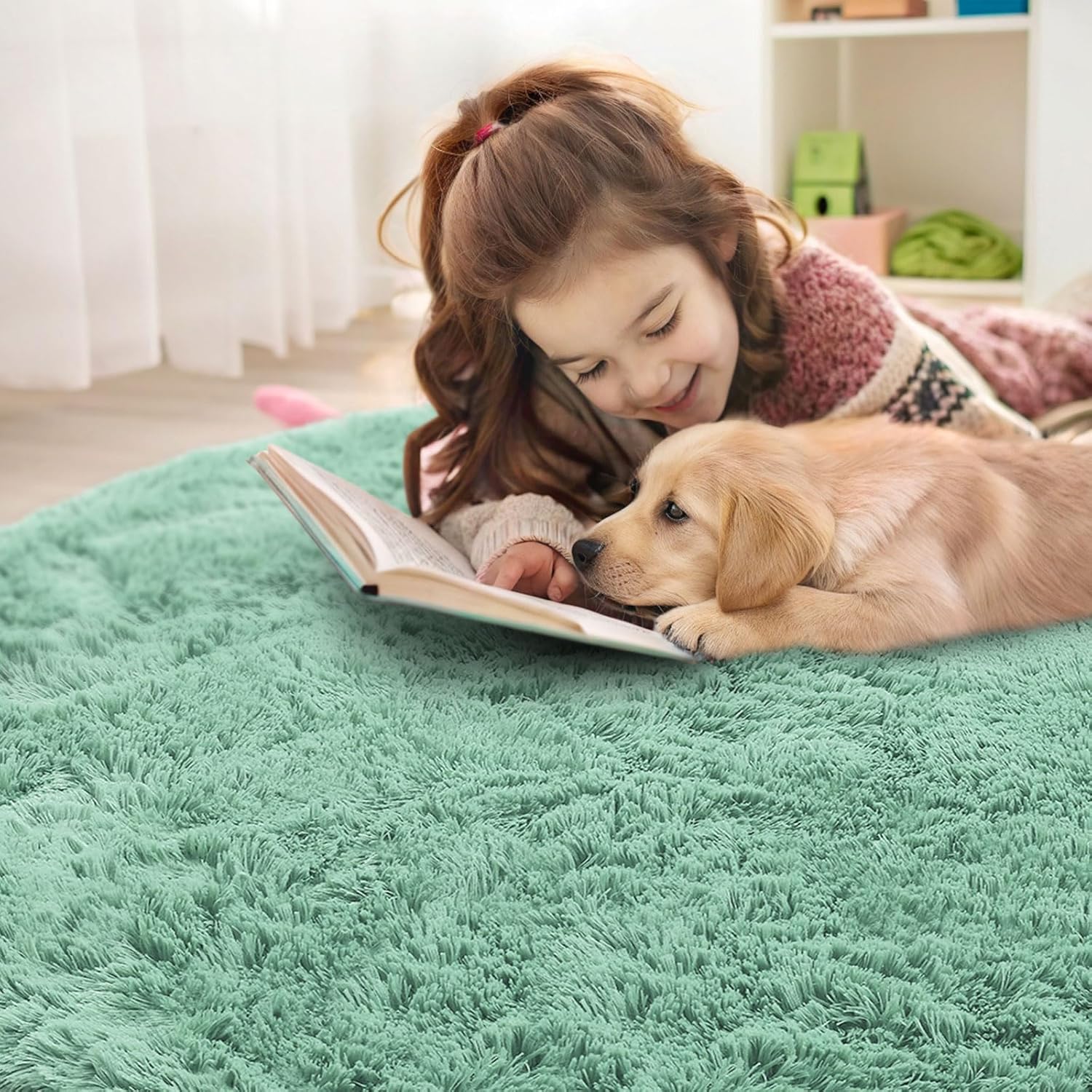 OLANLY Mint Green Round Rug - Soft, Fluffy Shaggy Carpet for Bedroom & Living Room | 9 ft Circle Area Rug
