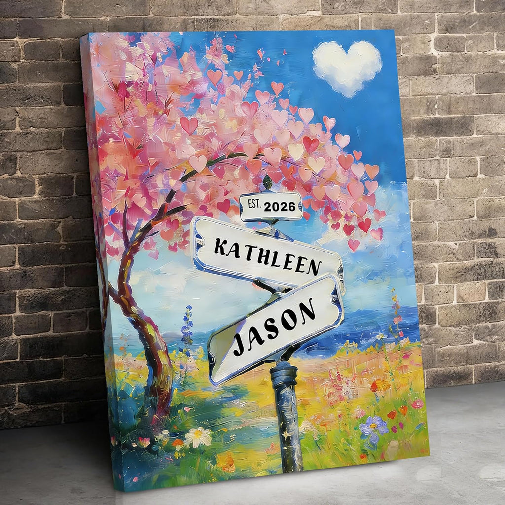 Personalized Crossroads Street Sign Canvas Print for Couples, Custom Name & Date Canvas Wall Art, Valentine’s Day Gift for Him/Her, Anniversary Wedding Custom Canvas Print, Wrapped Frame 12X16