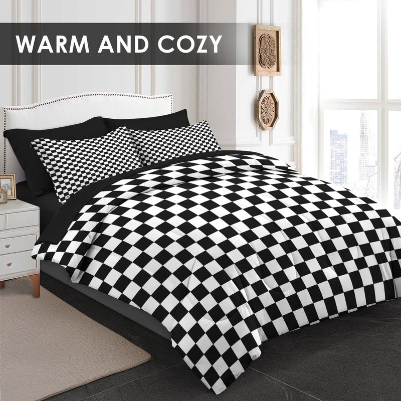 Nesphy Checkerboard Grid Black White Comforter Set 7 Pcs Queen Size Quilt, Checkered Geometric Luxury Plaid Soft Bedding Set with Flat and Fitted Sheet Pillowcases Sham for Adults Bedroom Bed Decor