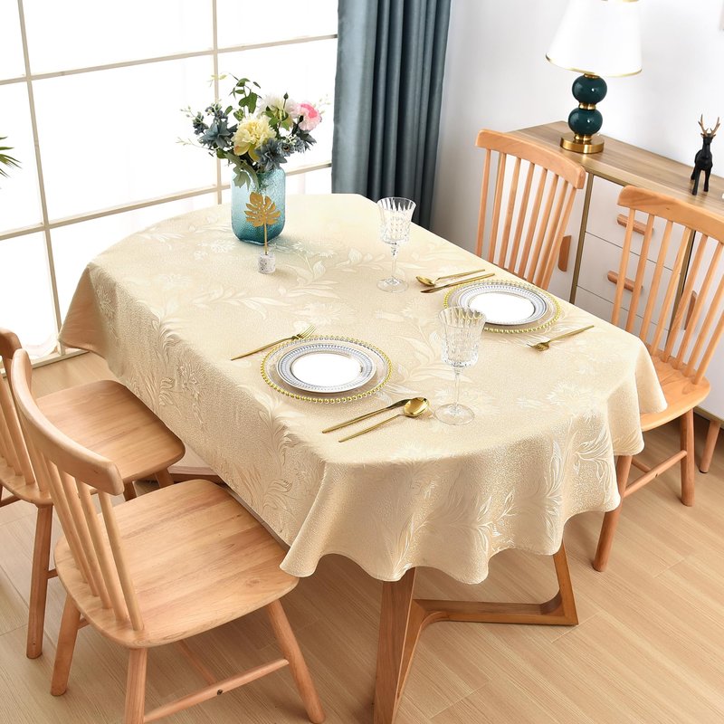 Wolkemer Shiny Oval Jacquard Tablecloth 60 x 84 Inch Beige Floral Countryside Leaves Damask Patterns Table Cloth Glossy Fabric Table Cover for Dinner Kitchen