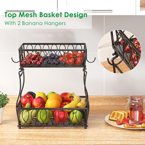 XYZLVSI 2-Tier Countertop Fruit Basket Bread Bowl for Kitchen, Vegetable Potato Onion Storage Wire Basket, 13.8-Inch, Black