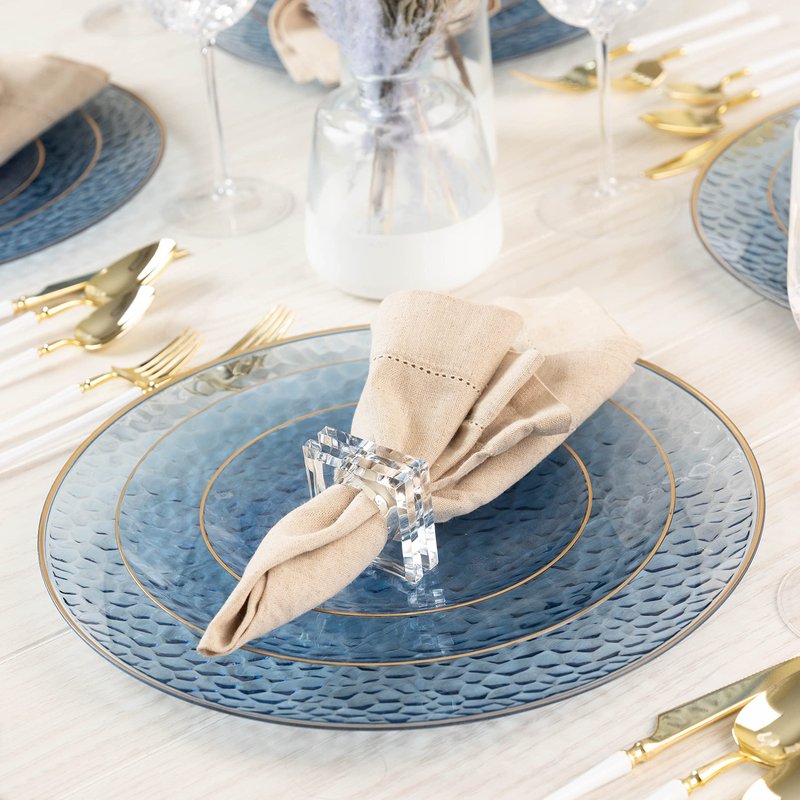 PLASTICPRO 30 Pack Hammered Plastic Plates Heavyweight Disposable Plastic Plates Elegant Clear Hammered Rim Platsic Party Dishes (Blue With Gold Rim, 7'' INCH PLATES)