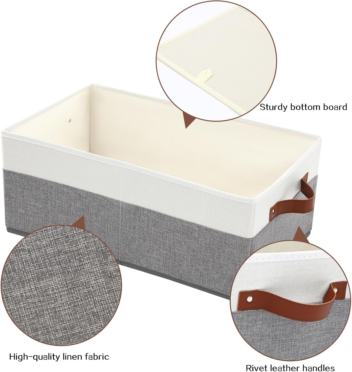 Skiennix Large Capacity Storage Bins - Fabric Closet Organizers with Leather Handles | 3 Pack (Grey)