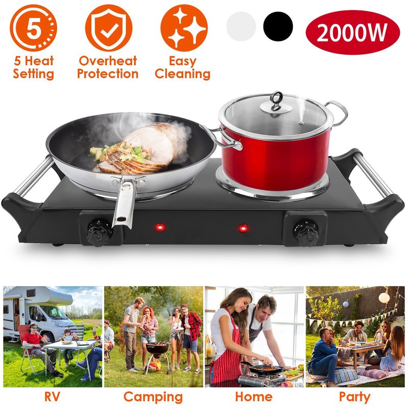 Zorpupoa Electric Hot Plate, 2000W Countertop Double Burner with Adjustable Temperature & Handles, Stainless Steel Coil Electric Stove for Cooking Cooktop for Home Kitchen Dorm RV Camp, Black, Small