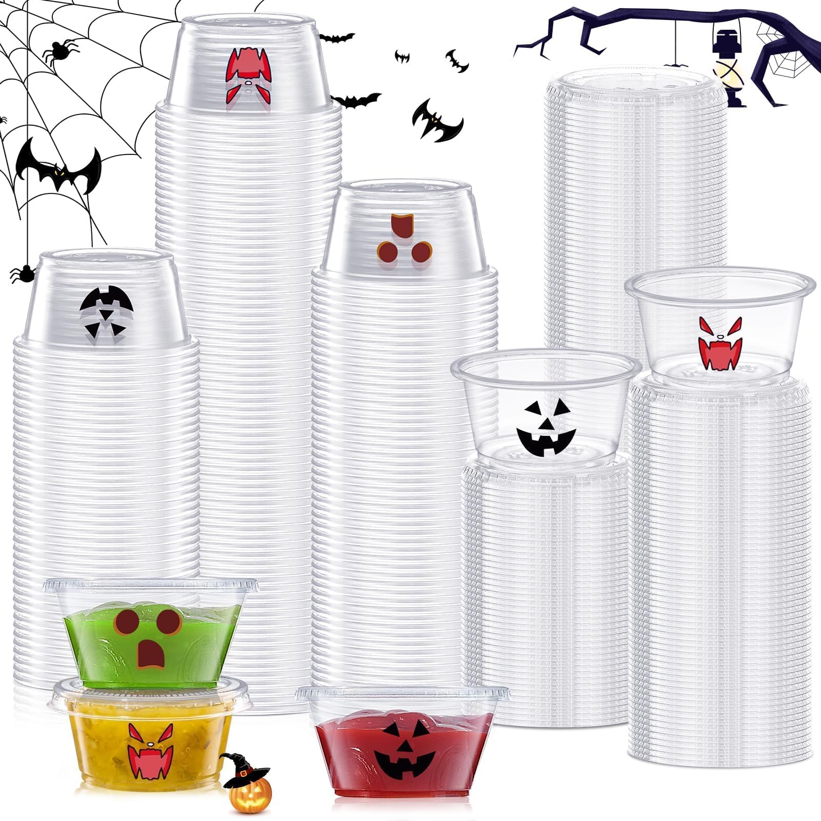 HSLCGF 150 Pcs 2 Oz Halloween Jelly Shot Cups with Lids Disposable Mini Sauce Cups 2 Oz Plastic Containers with Lids Cute Emoji Cups for Holidays Party Supplies (Ghost,Bat,Pumpkin)
