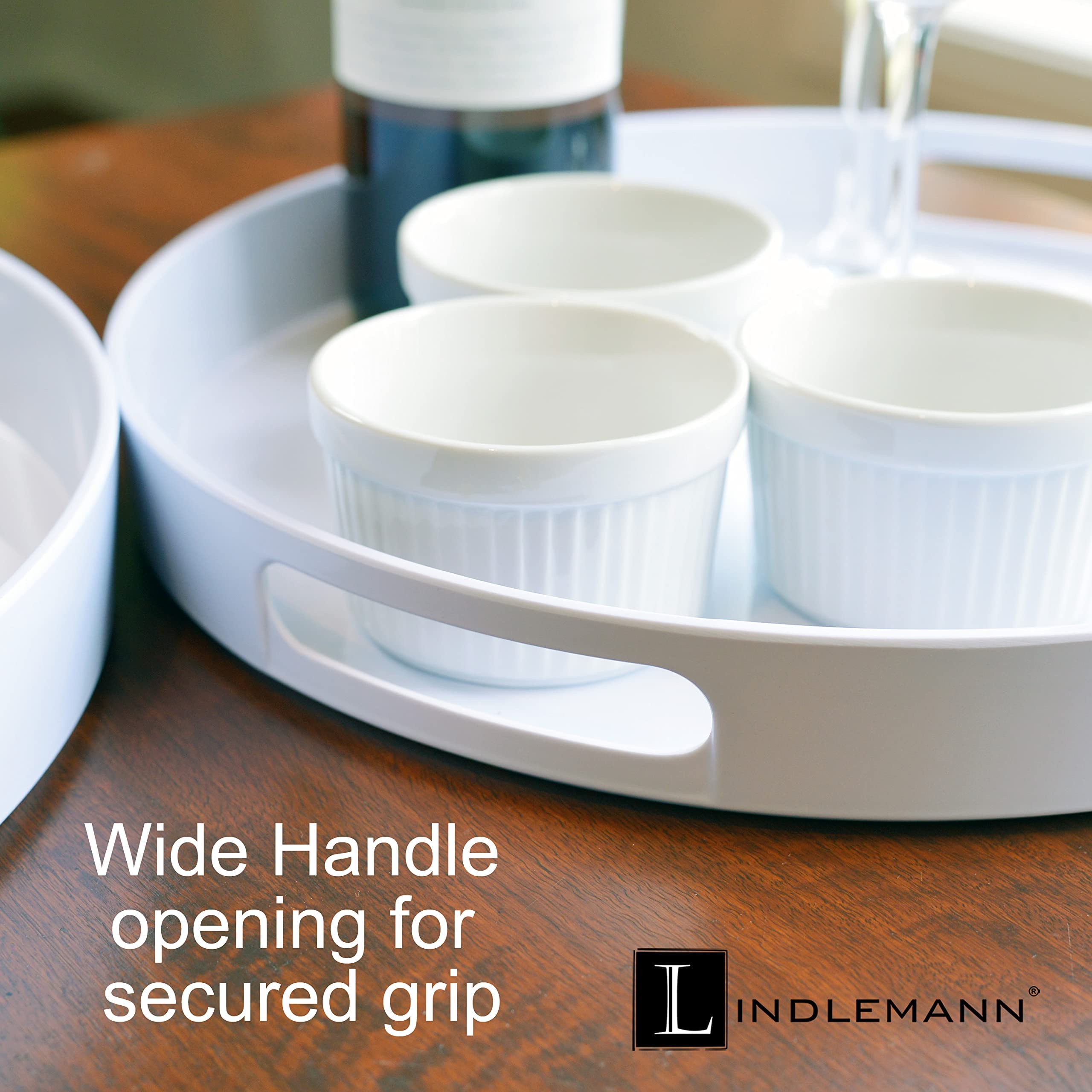 LINDLEMANN White Serving Tray Large Melamine Platter Round Breakfast Trays with Handles for Coffee Table Ottoman Living Room Home Décor Holiday Celebration & Party (13.5")