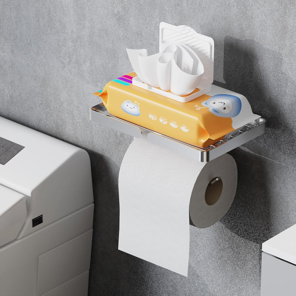 Skiennix Toilet Paper Holder - Self-Adhesive, Rustproof Stainless Steel with Wipes Holder | No Drilling Required
