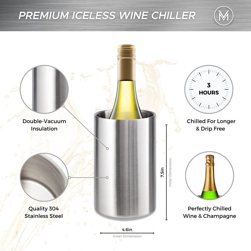 Villa & Marx Premium Champagne Bucket - Keeps 750ml Bottles Cold for Hours - Insulated White Wine Bottle Cooler Without Ice - Stainless Steel