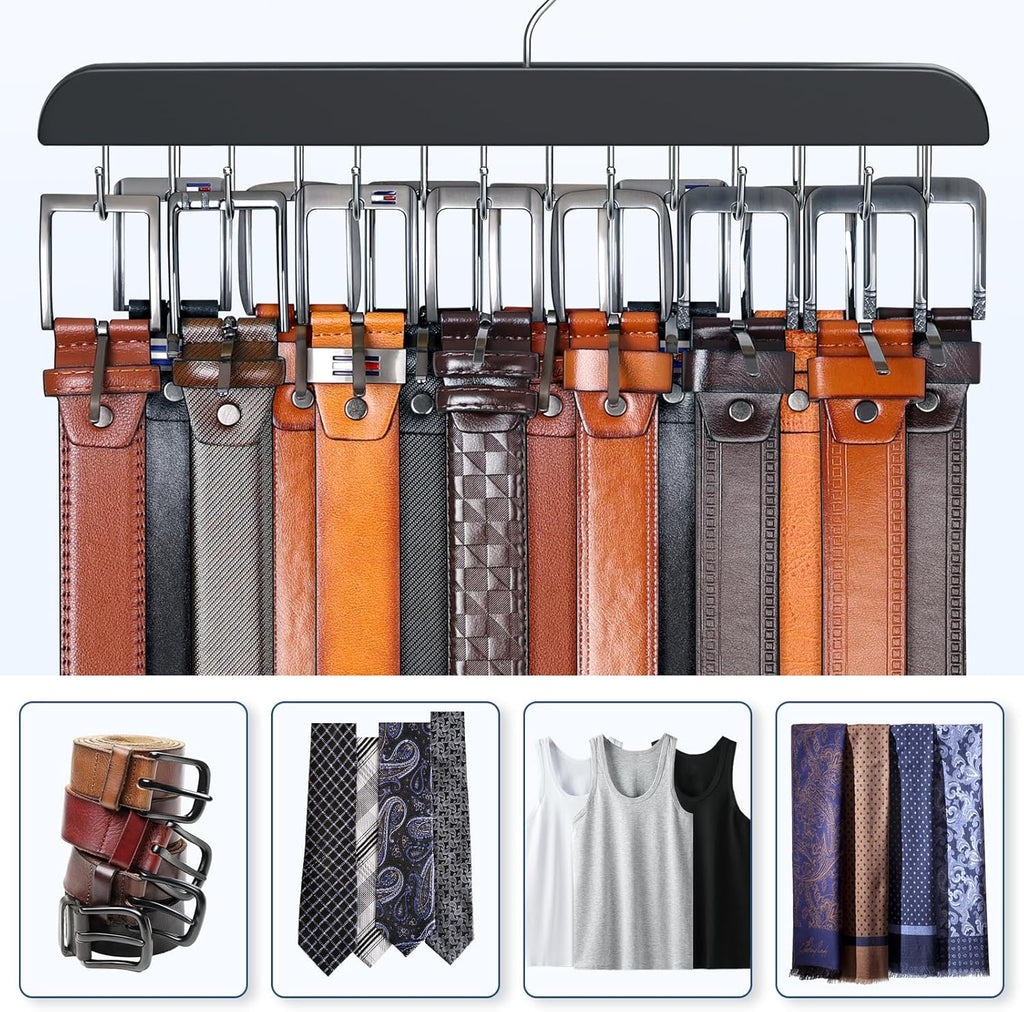 Skiennix Belt Hanger | Sturdy Wood Belt Rack Organizer with 14 Hooks - Black, Max 42 Belts Capacity