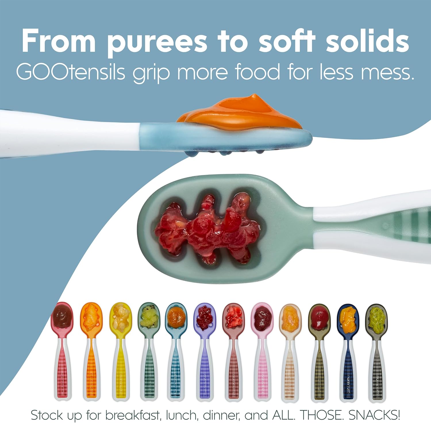 NumNum Baby Spoons Set - Silicone Pre-Spoon GOOtensils for 6+ Months | Baby Led Weaning & Teething - Blue/Navy