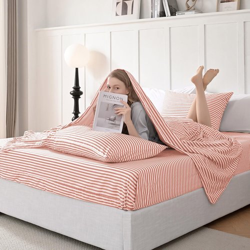 JELLYMONI 100% Cotton Bed Sheets Set – Pink and White Stripes, Twin Size, Soft Bedding with Deep Pocket Fitted Sheet, Flat Sheet & Pillowcase