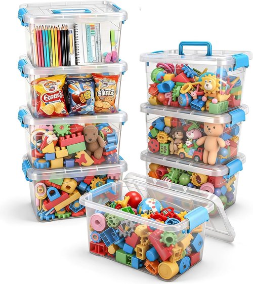 Jetec Clear Plastic Storage Container Bins - 8 Pack with Lids & Blue Handles, 6.5 Qt, Stackable Organizer for Home & Office