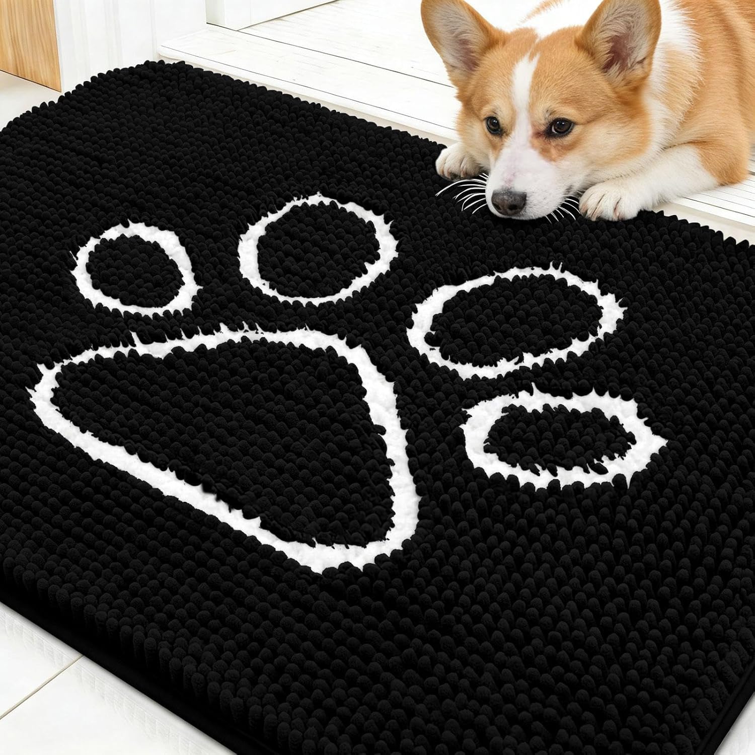 OLANLY Dog Door Mat - Absorbent Non-Slip Mud Mat for Paws | Quick Dry Chenille, 30x20, Black