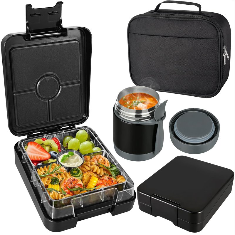 Pawtong Bento Lunch Box Set With 10oz Soup Thermo, Leak-proof Lunch Containers with 4 Compartment, Kids Hot Thermo Food Jar/Insulation Lunch Bag, Food Containers for School（Shark）