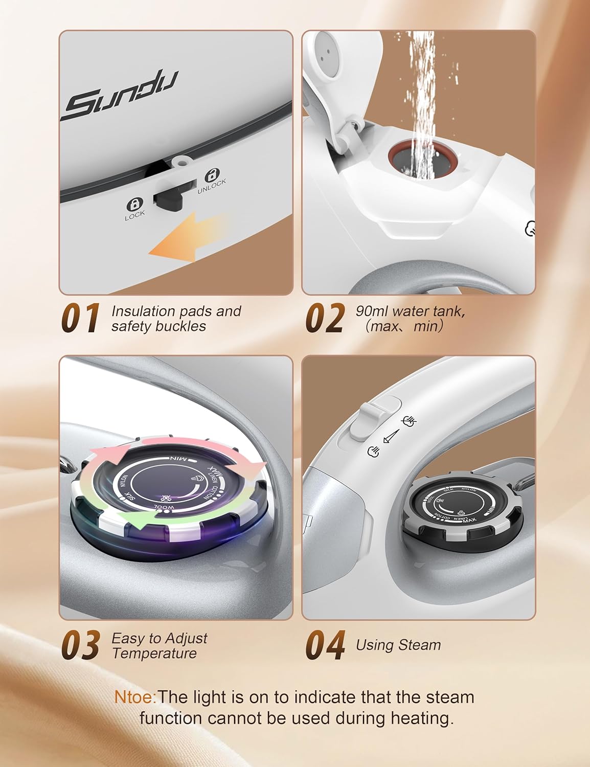 Sundu 1000W Mini Travel Steam Iron - Portable Quilting & Sewing Iron with Non-Stick Soleplate | Silver Grey