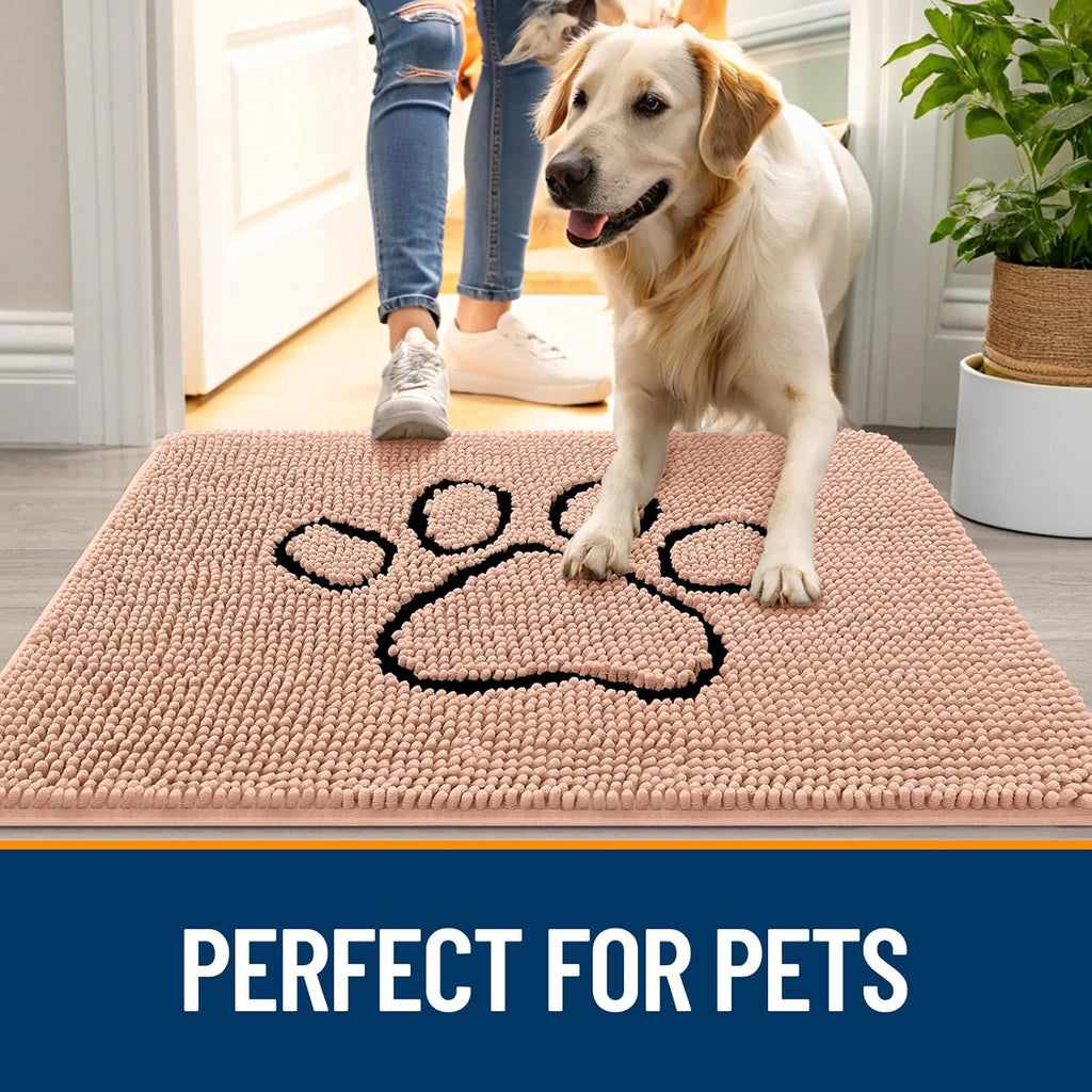 OLANLY Dog Door Mat - Absorbent Non-Slip Mud Mat for Dogs | 36x24 Paw Print Design in Peach