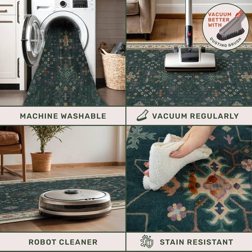 Hazo Haus Dark Green Kitchen Rug - Modern Vintage Boho Floral Design, 10 ft Long, Washable Non-Slip Runner