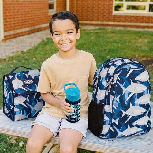 Wildkin 15-inch Kids Backpack Bundle with Two-Compartment Lunch Bag – Durable, Lightweight School & Travel Set for Kids - Sharks