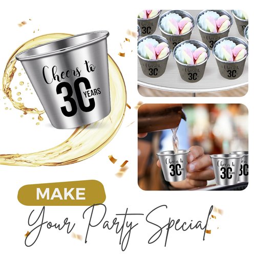 Cheer to 30 Stainless Steel Shot Glasses – Set of 100, 1.5oz, 30th Birthday Party Favors and Decorations, Dirty Thirty Gifts for Men and Women