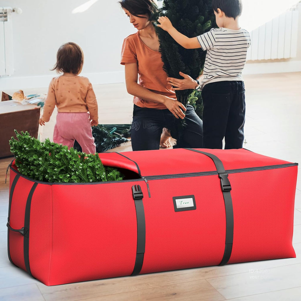 Skiennix Christmas Tree Storage Bag - Fits Up to 7.5Ft Artificial Trees | Waterproof 600D Oxford Fabric, Double Zipper & Buckle Straps, Easy Carry Handles - Red