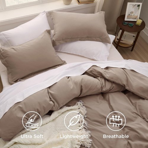 Bedsure Khaki Duvet Cover Set - Extra Soft Cotton-Like Polyester, Full Size 3-Piece 80x90 Inches with Zipper Closure