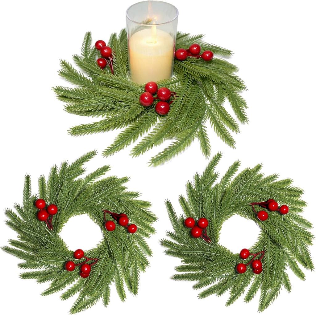 Skiennix Christmas Candle Rings - Artificial Norfolk Pine & Red Berry Wreaths | 3-Piece Set for Home Decor