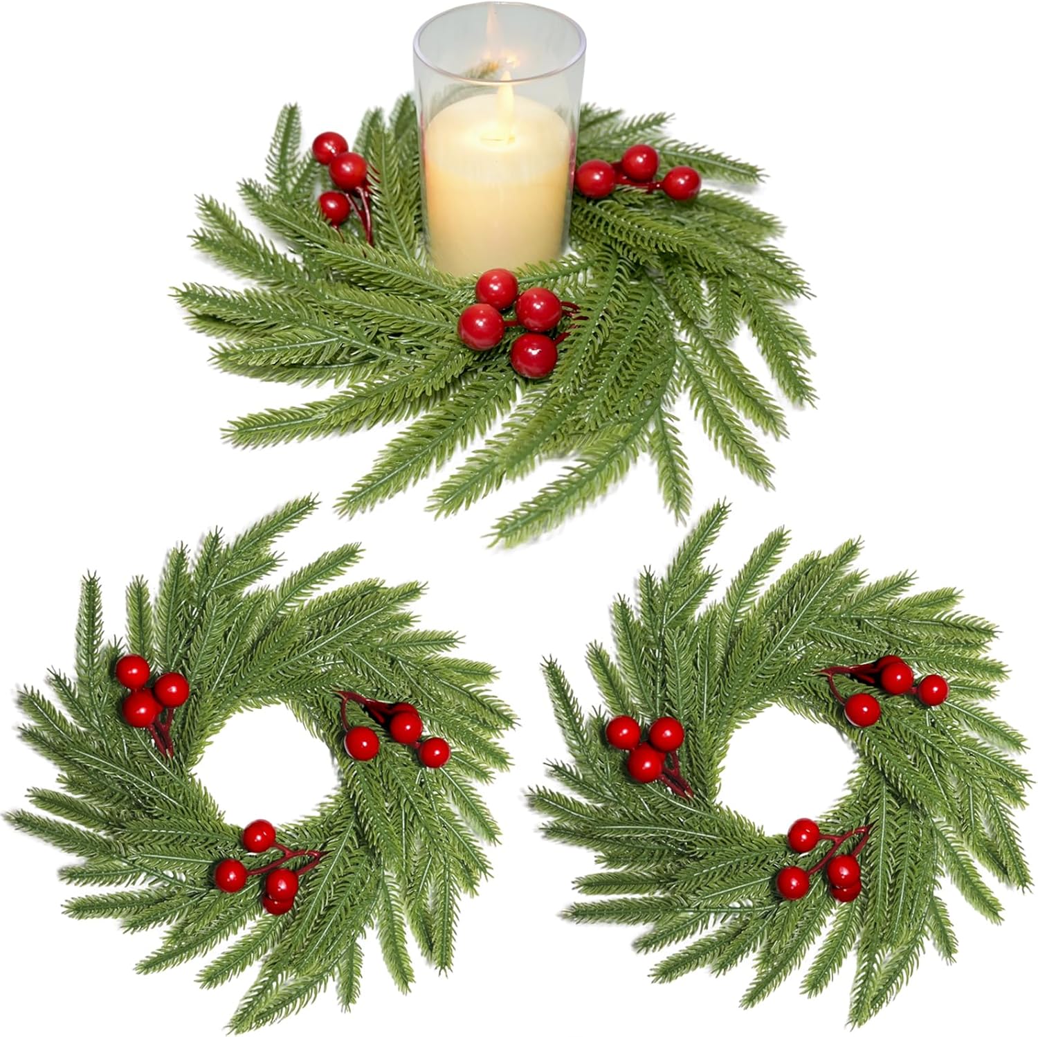 Skiennix Christmas Candle Rings - Artificial Norfolk Pine & Red Berry Wreaths | 3-Piece Set for Home Decor