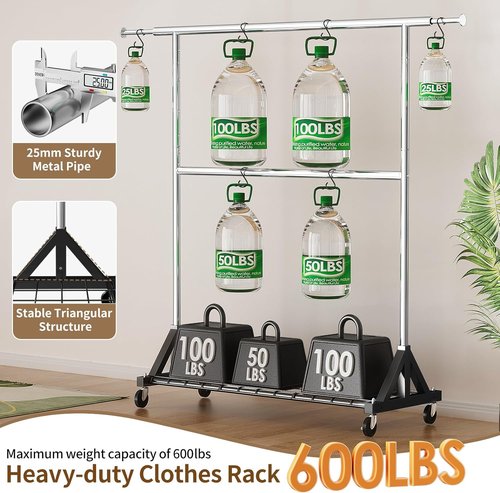 Luxspire Heavy Duty Clothes Rack - 600 LBS Capacity, Double Rod Design, Adjustable Shelves & Lockable Wheels
