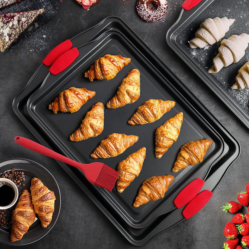 Steel Baking Sheet Set by [Brand Name] - 3-Piece Nonstick Cookie Sheets with Silicone Handles | BPA-Free, Durable Oven Pans - Black