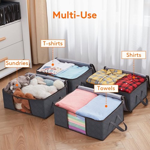 Lifewit 4-Pack Foldable Clothes Storage Bags - Reinforced Handles & Clear Window for Easy Organization | Gray
