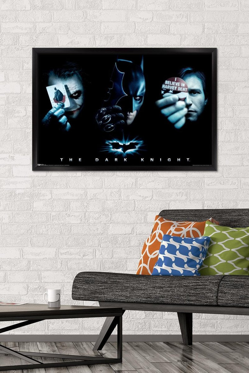 Trends International DC Comics Movie - The Dark Knight - The Joker, Batman, Harvey Dent Wall Poster, 22.375" x 34", Black Framed Version