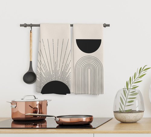 Black Boho Sun Sunray Geometric Arch Semi Circle Kitchen Towels and Dishcloths Set of 2, Absorbent Drying Cloth Hand Towels Tea Towels for Bathroom Kitchen, Gifts for Women Girls, 1624 inches