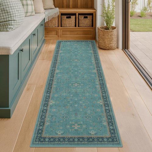 Boho Hallway Runner Rug - Teal 2'6"x10' Washable Indoor Mat with Non-Slip Rubber Backing