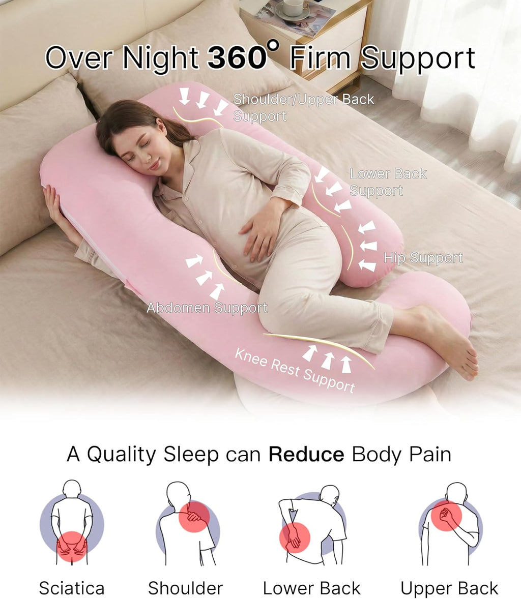 ALLOPERA Pregnancy Pillow - Full Body 57 Inch Maternity Support with Removable Washable Cover | Pink Milk Fiber