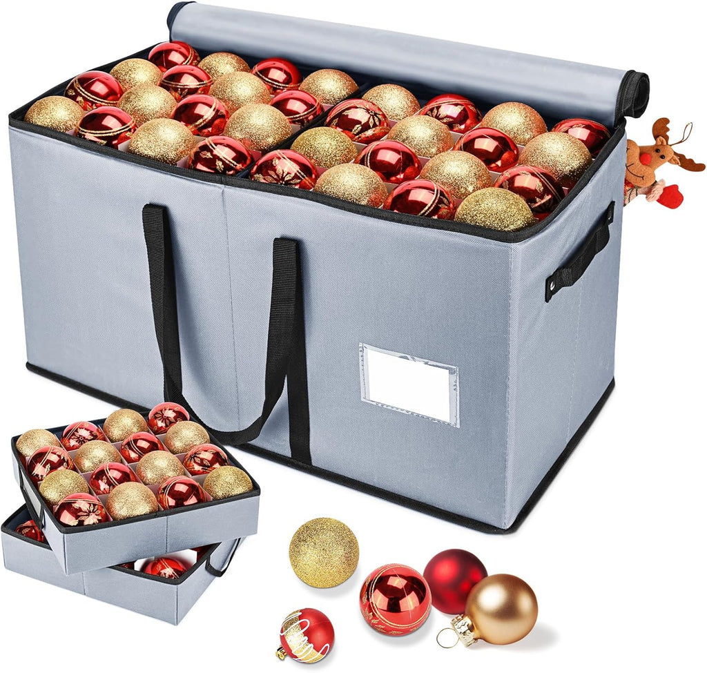 Skiennix Christmas Ornament Storage Box - Organize 128 3-Inch Ornaments | 8 Removable Trays, Grey