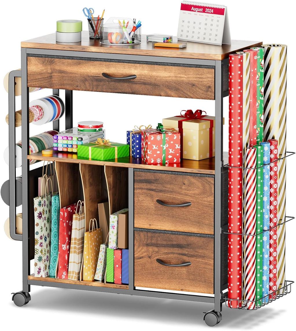 PUNLUXU Wrapping Paper Storage Cart - Rolling Gift Wrap Organizer with Ribbon & Gift Bag Holder | Perfect for Crafts & Christmas