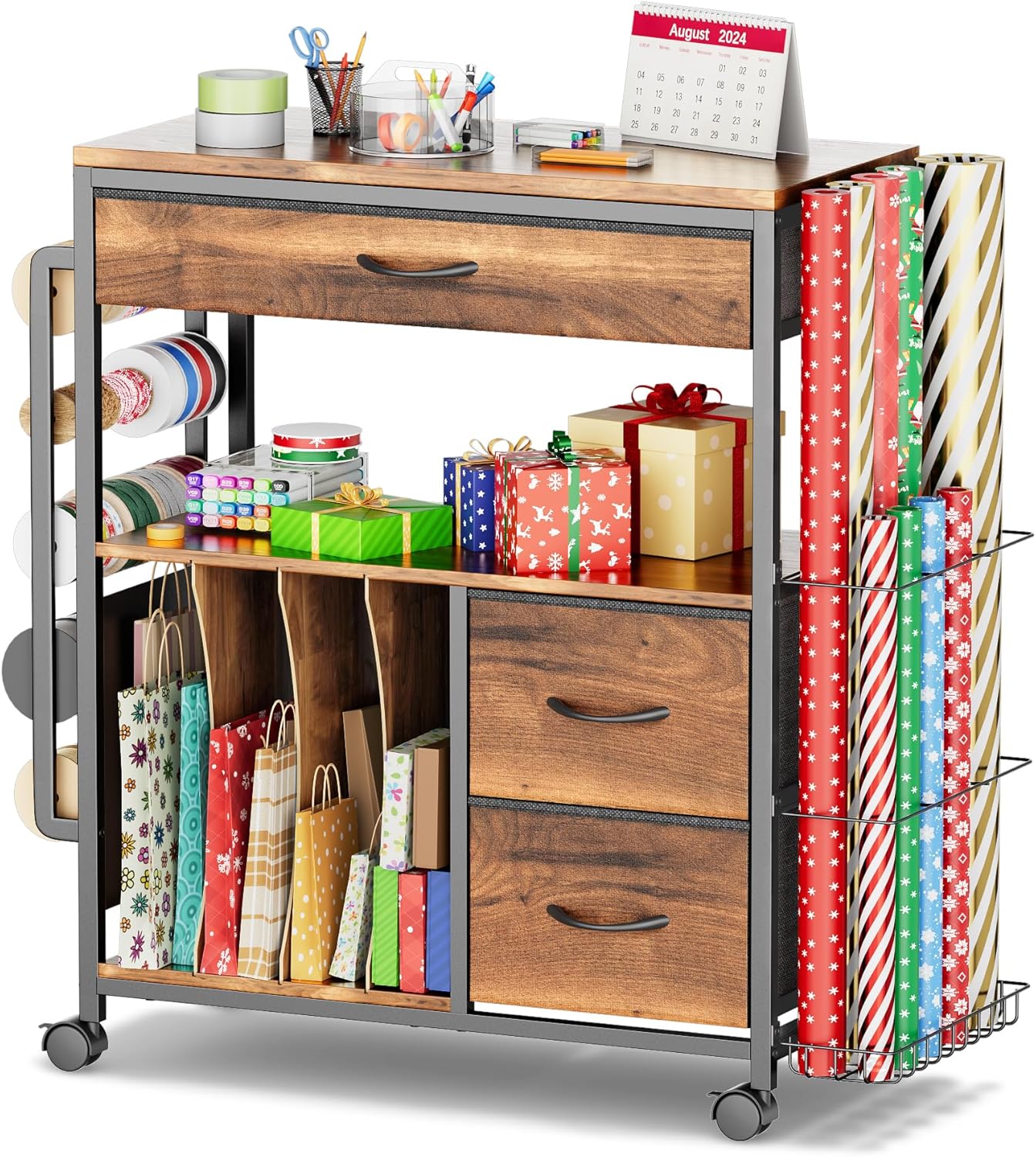 PUNLUXU Wrapping Paper Storage Cart - Rolling Gift Wrap Organizer with Ribbon & Gift Bag Holder | Perfect for Crafts & Christmas