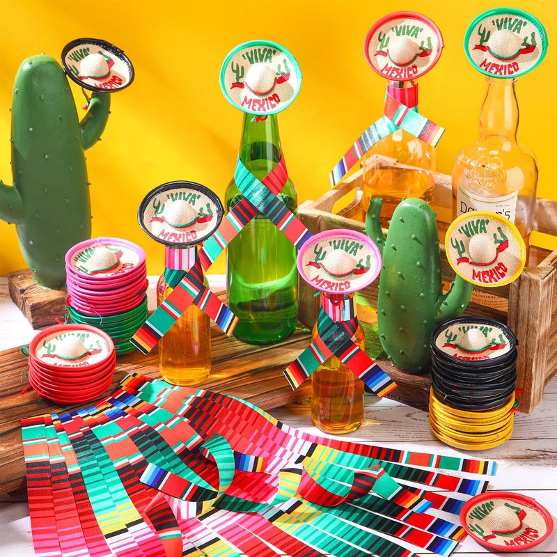 Panitay Mexico Mini Sombrero Hats with Mexican Beer Poncho Mini Serapes Decorations for Bottles Carnivals Cinco De Mayo(100 Pcs)