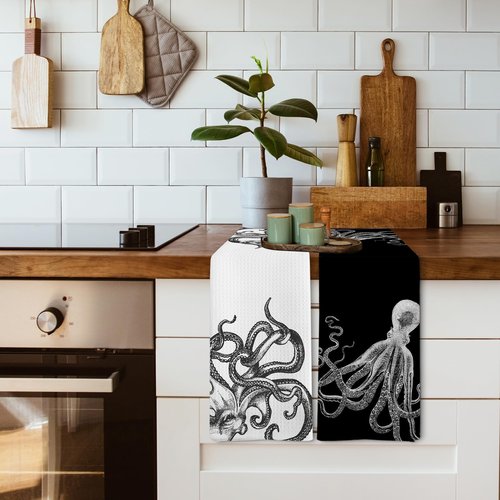 XNXLDYLH Coastal Octopus Decor Dish Hand Tea Towels for Bathroom Kitchen, Octopus Ocean Nautical Beachy Bathroom Decor, Black and White Coastal Nautical Kitchen Towels and Dishcloths Sets of 2,16x24In