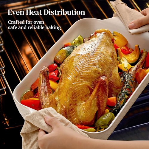 DOWAN 9x13 Deep Lasagna Baking Dish - Durable Ceramic Casserole Pan with Handles | 4 Quarts, Oven Safe, Arctic White