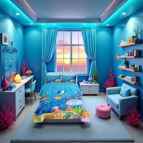 Marine Animals Comforter Set Full,Shark Octopus Turtle Coral Bedding Set,Underwater World Cartoon Quilt Set 3 Pcs for Kids Teens Adults Room Decor,Sea Blue Duvet Insert with 2 Pillowcases
