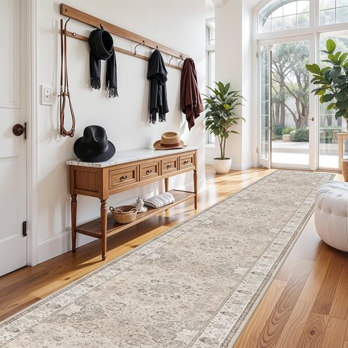 Hallway Washable Runner Rug - Vintage Soft Non-Slip Indoor Carpet for Kitchen & Entryway | 3x20 Feet, Beige