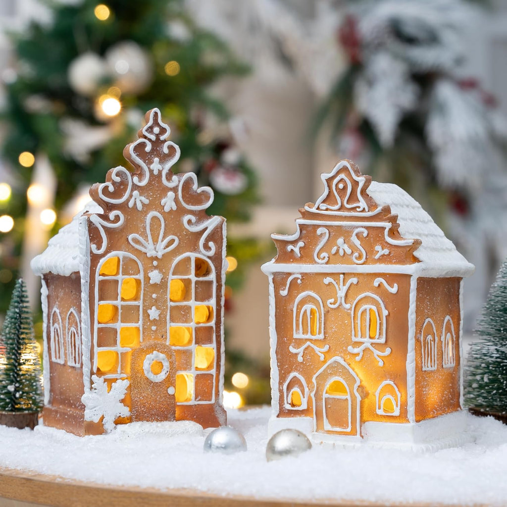 Skiennix Christmas Gingerbread Village House Figurines - Pre-Lit LED Decor | 2-Piece Set